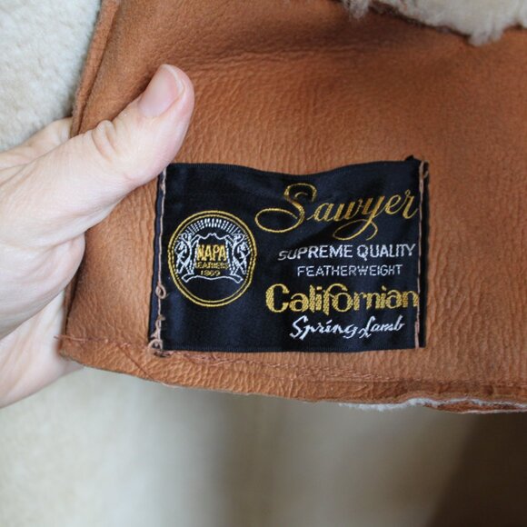 Vintage 80's Tan  Sawyer Napa Ca Women's Shearling Sheepskin Fur Long Coat 16 - Picture 12 of 13